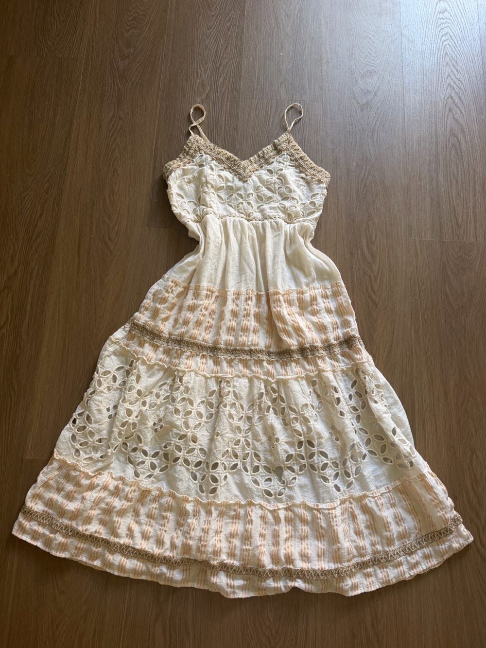 Girls' Cream Eyelet Sundress with Peach Stripes